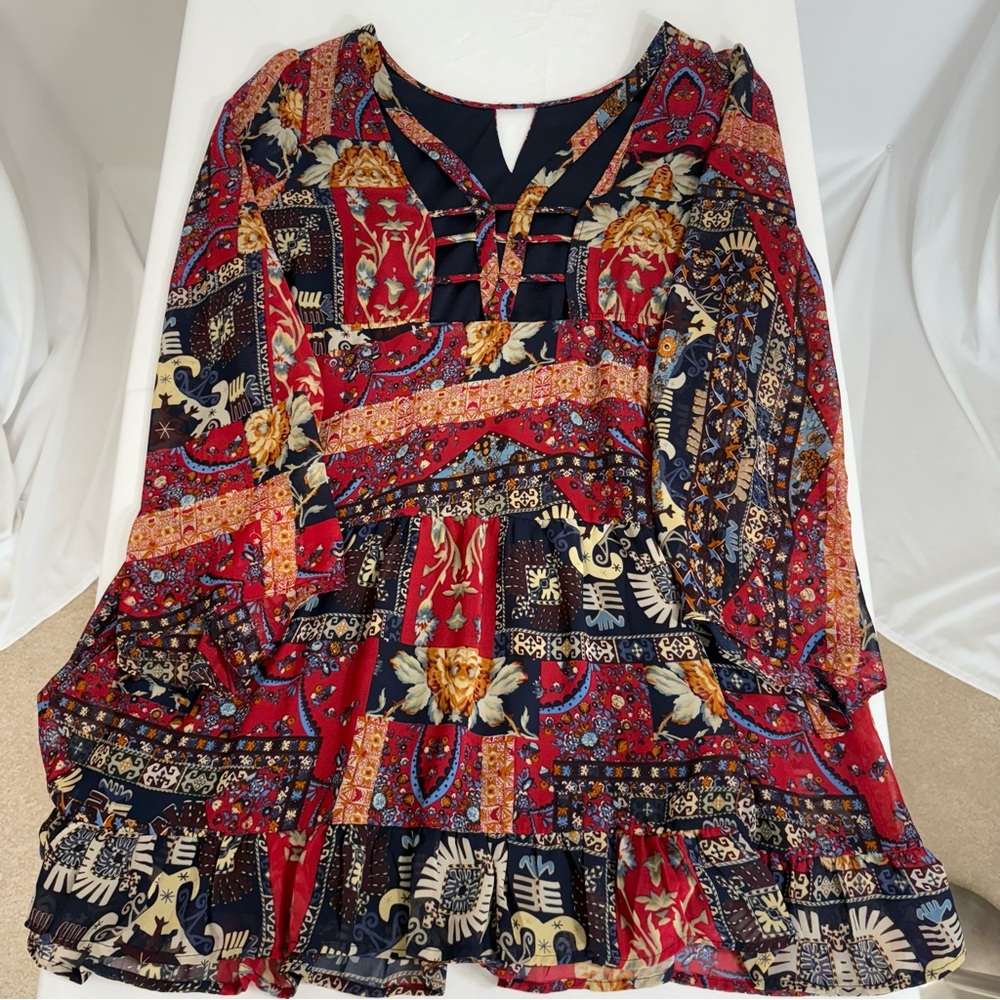 Altar’d State Women’s Boho Bell Sleeve Floral Dress Red Blue Size Medium - Picture 7 of 7